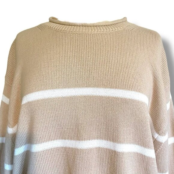 BRIT.NY Womens Sweater Sz Medium Large Tan White Stripe Cotton Roll Neck Preppy - Picture 4 of 7